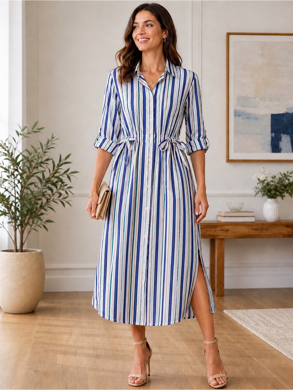 NIC+ZOE Jamie Oasis Stripe Midi Shirt Dress Tie Waist Blue Sz S